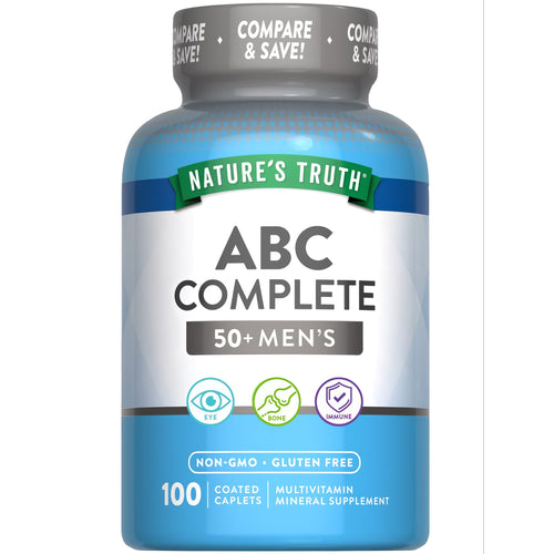 ABC Complete 50+ Men's Multivitamin Mineral Supplement with 100 coated caplets on hand scale.
