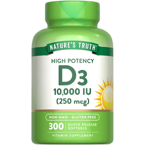 Nature's Truth D3 10,000 IU (250 mcg) Quick Release Softgels, 300 count, Vitamin Supplement, Non-GMO, Gluten Free.