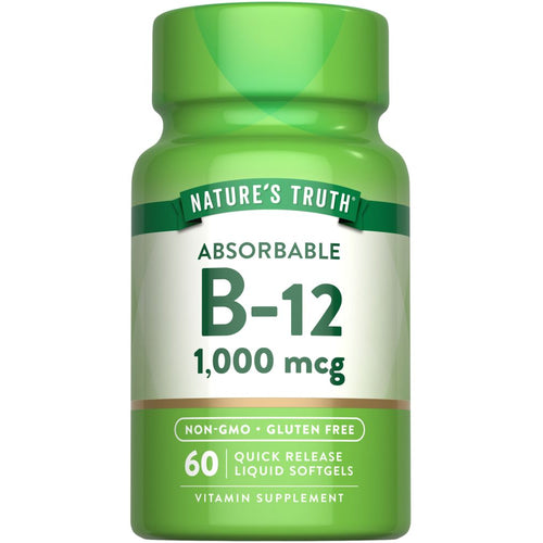 Hand holding a bottle of B-12 1,000 mcg Liquid Softgels, indicating dosage and supplement type.