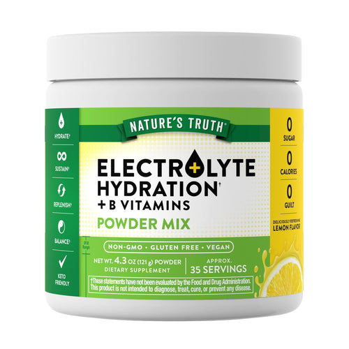 Electrolyte hydration powder with B vitamins, net weight 4.3 oz (121 g), approximately 35 servings per container.