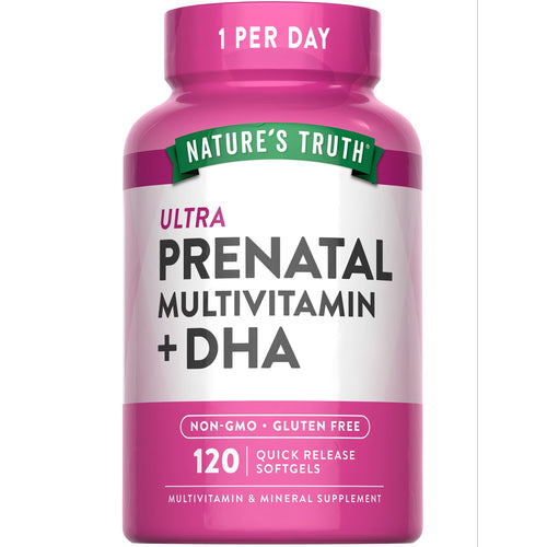 A bottle of Ultra Prenatal Multivitamin + DHA containing 120 quick release softgels for prenatal health support.