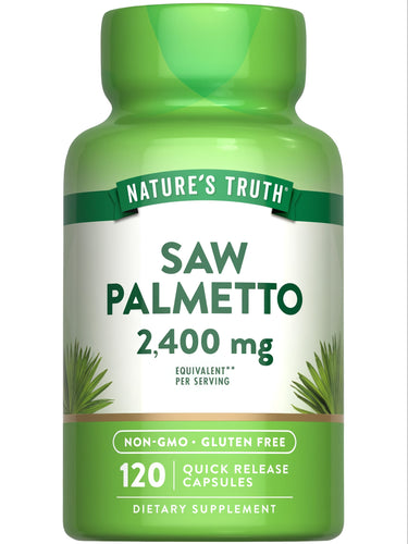 A bottle of Saw Palmetto 2,400 mg with 120 quick release capsules on a hand scale, emphasizing its potency and easy consumption.