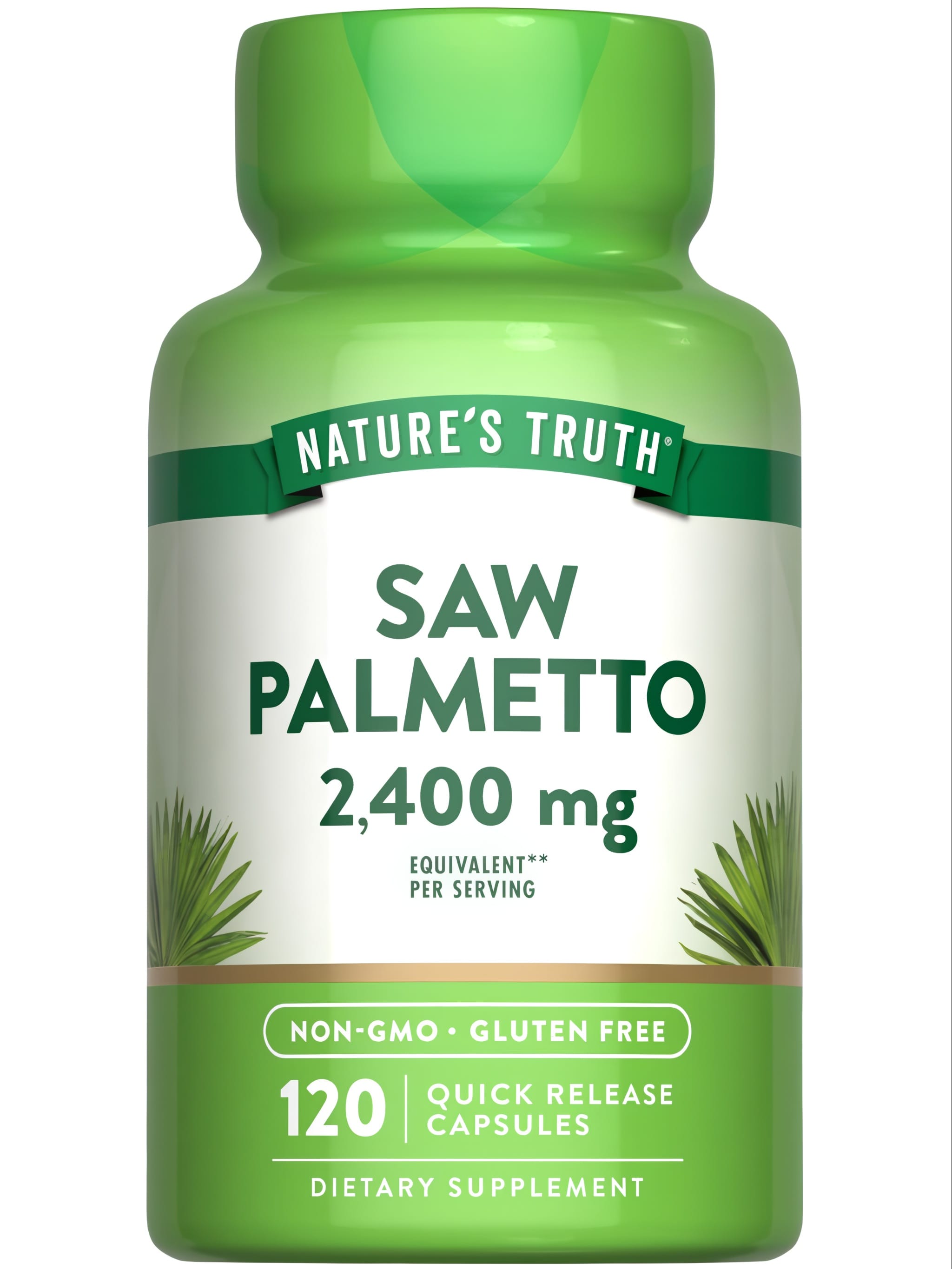 A bottle of Saw Palmetto 2,400 mg with 120 quick release capsules on a hand scale, emphasizing its potency and easy consumption.