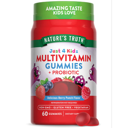 Bottle of NT Kids Multi + Probiotic 60 Gummies with two red gummies beside it, depicted on a hand for scale.