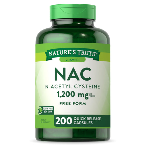 NAC N-Acetyl Cysteine 1200 mg bottle containing 200 quick release capsules.