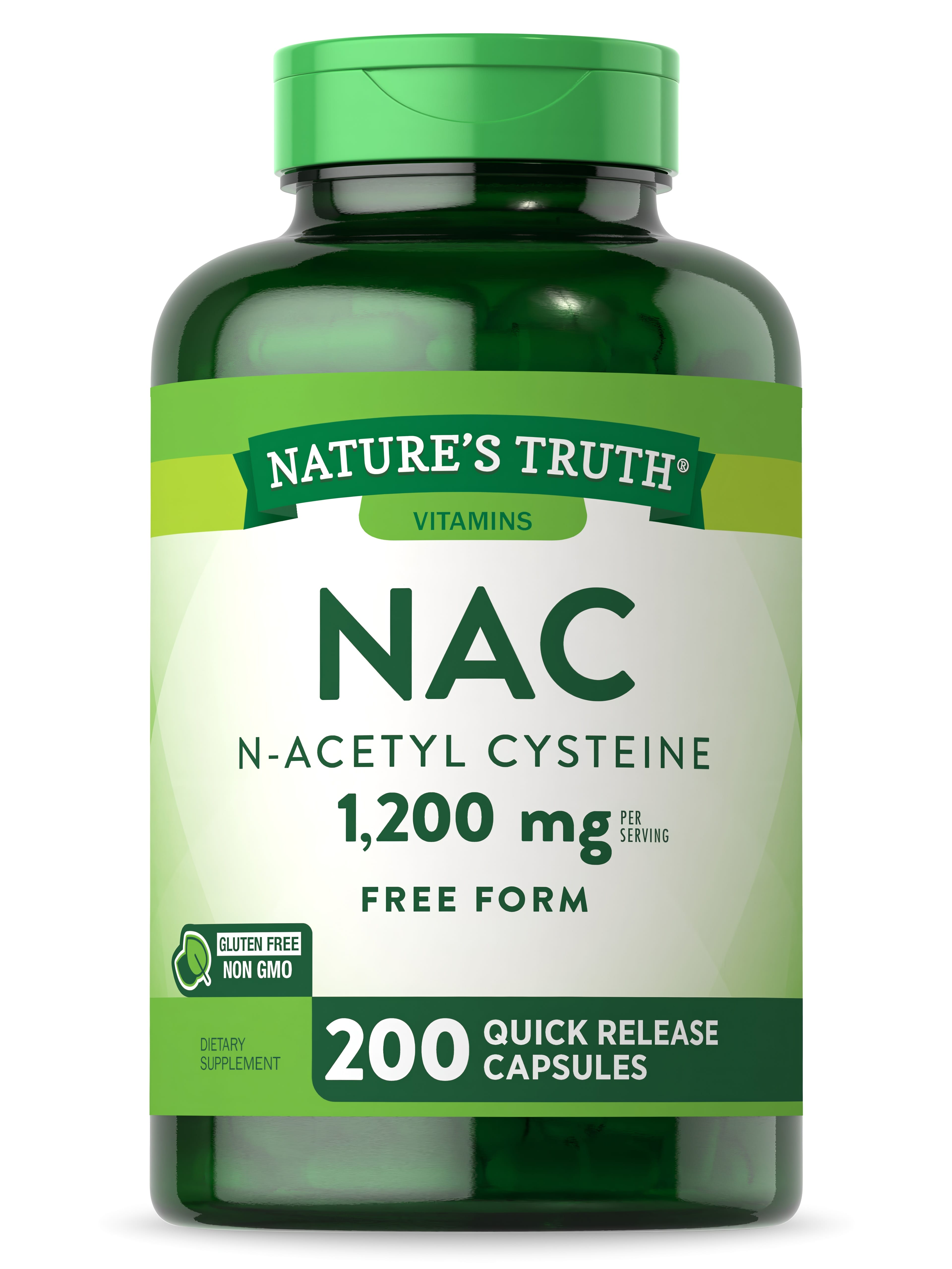 NAC N-Acetyl Cysteine 1200 mg bottle containing 200 quick release capsules.