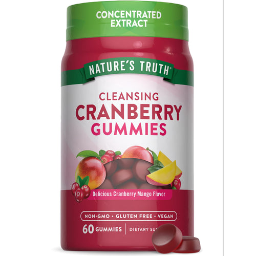 Two red, circular gummies are displayed next to the product bottle.