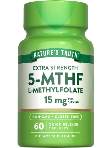 Bulk container of 60 quick-release capsules, each serving providing 15 mg, shown on a hand-held scale.