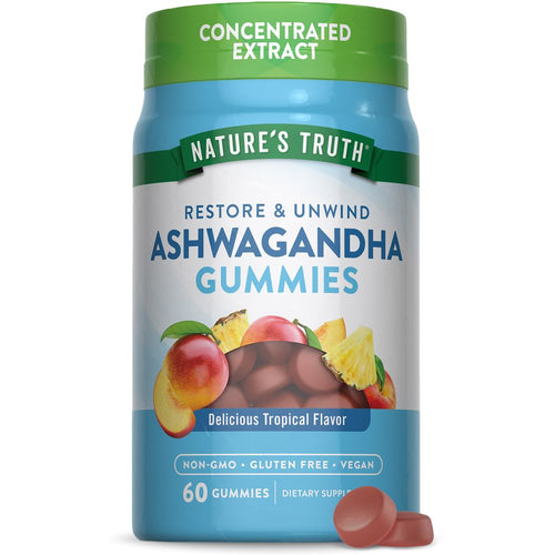 Two reddish-brown Ashwagandha Gummies with a bottle containing 60 gummies displayed beside them.