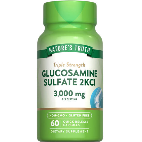Hand holding Nature's Truth Glucosamine Sulfate 2KCl 3,000 mg 60 Quick Release Capsules.