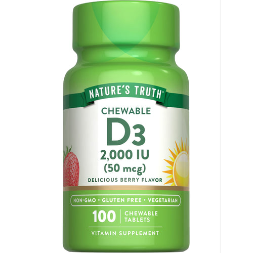 Chewable vitamin D3 tablets, 100 count, 2,000 IU (50 mcg), delicious berry flavor, shown on hand scale.