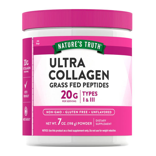 A hand holds Nature's Truth Ultra Collagen Grass Fed Peptides Powder, 7 oz. (198 g) container, highlighting its size and packaging.