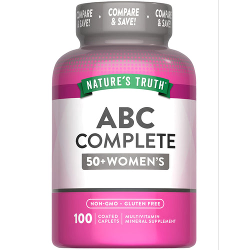 Nature's Truth ABC Complete 50+ Women's Multivitamin Mineral Supplement, 100 caplets, shown on a hand scale.