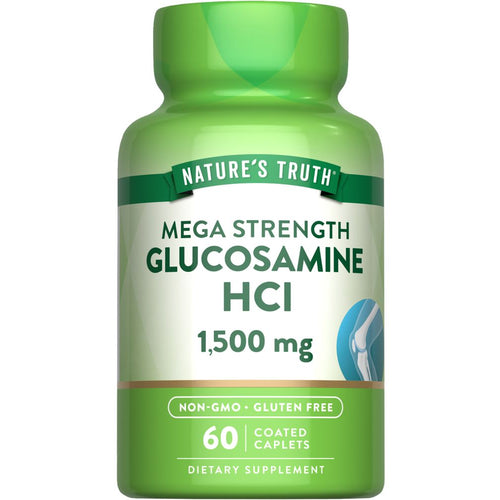 A hand holding coated caplets with 1,500 mg of Glucosamine HCl, emphasizing supplement potency.