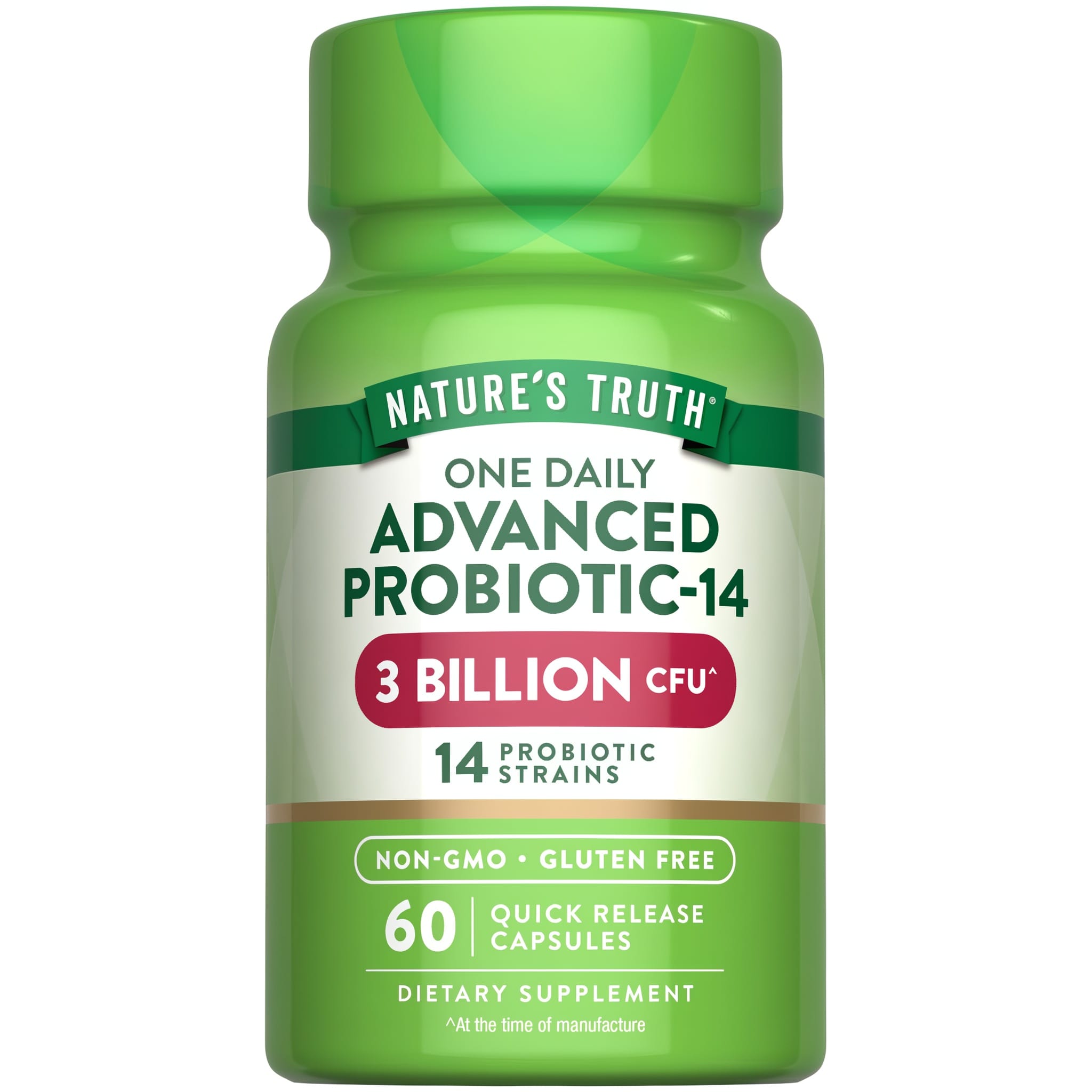 Nature's Truth One Daily Advanced Probiotic-14 with 3 Billion CFU and 60 Quick Release Capsules on hand scale.