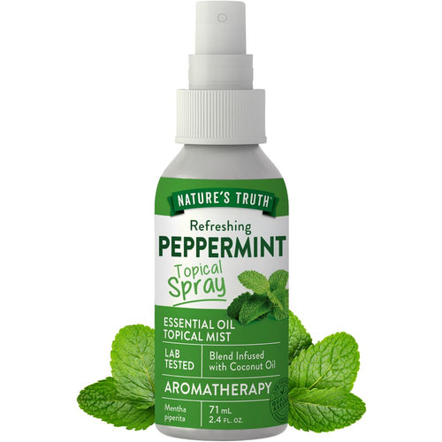 Nature's Truth Peppermint Topical Spray 2.4 FL. OZ. bottle with fresh peppermint leaves displayed.