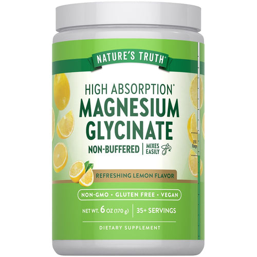 A jar of Magnesium Glycinate powder with a refreshing lemon flavor, 6 oz (170 g), offering 35+ servings.