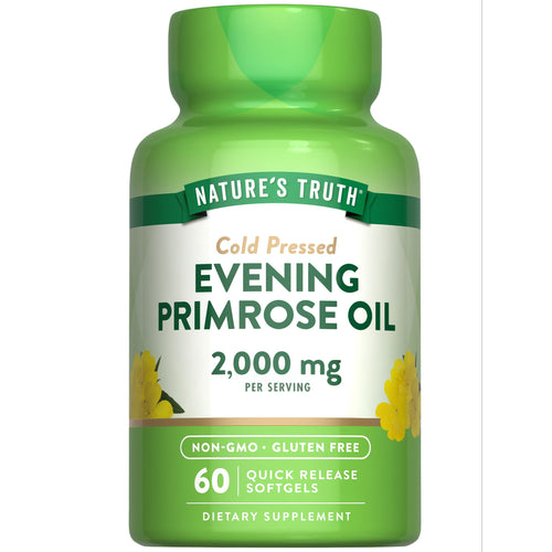 Nature's Truth Evening Primrose Oil bottle containing 2,000 mg per serving, with 60 quick-release softgels.