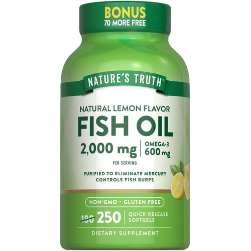 Hand holding a bottle of 250 Quick Release Softgels, offering 2,000 mg Fish Oil and 600 mg Omega-3 per serving.