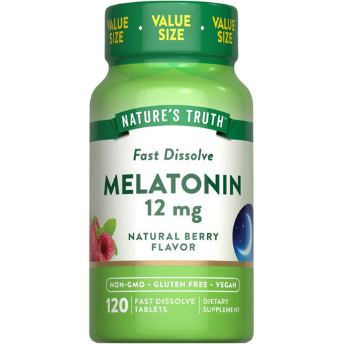 Hand holding bulk scale of Melatonin 12 mg Fast Dissolve Tablets, highlighting its dosage and quick dissolve feature.