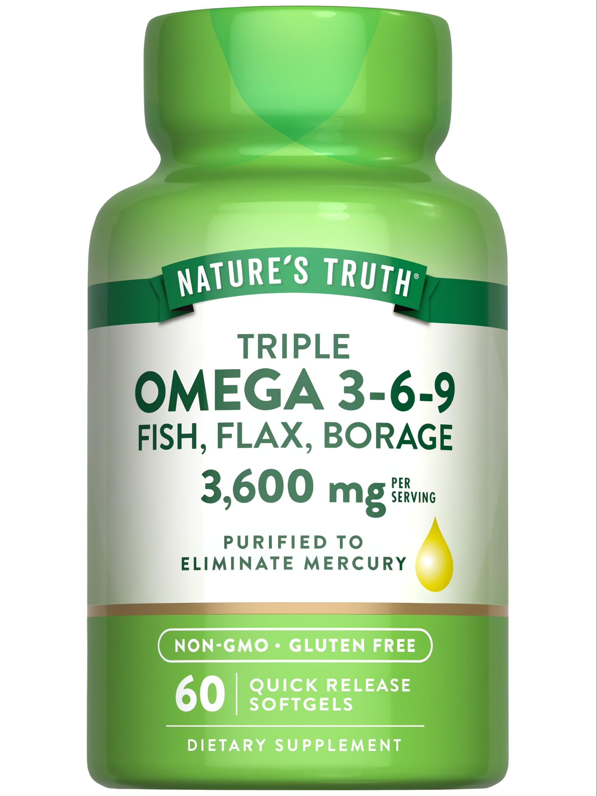 Nature's Truth Triple Omega 3-6-9 Fish, Flax, Borage, 60 Quick Release Softgels with 3,600 mg per serving. Non-GMO, Gluten Free.