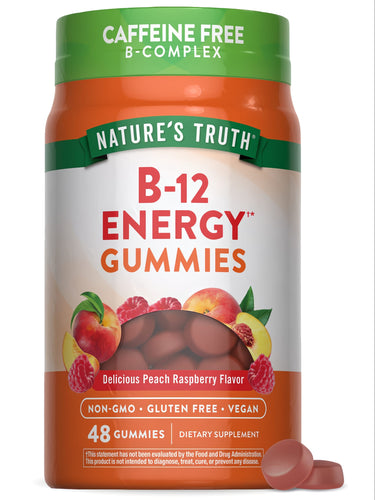 Two round gummies with peach-raspberry flavor, providing B-12 energy boost.