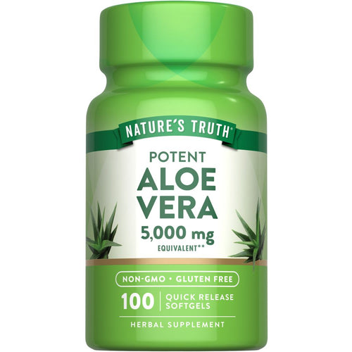 Bottle of Aloe Vera 5,000 mg Equivalent, containing 100 Quick Release Softgels, shown next to a hand for scale.