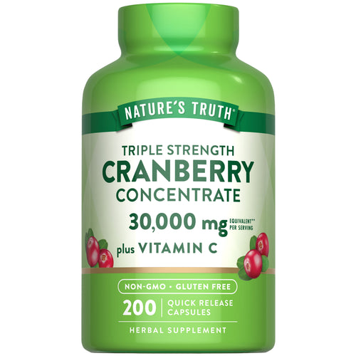 Triple Strength Cranberry Concentrate, 30,000 mg equivalent, plus Vitamin C in 200 quick release capsules.