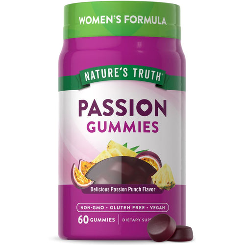 Two dark red, round, flat Passion Gummies are shown.