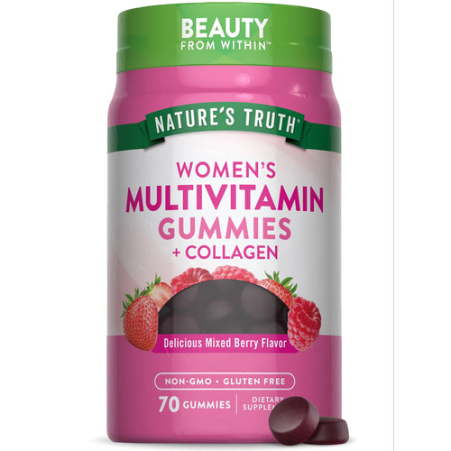 Bottle of NT Women's Multi 70 Gummies, featuring two loose dark berry gummies for scale, in a bulk display.