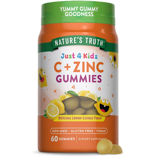 Two light yellow NT Kids C + Zinc Gummies shown from a 60 count bottle, illustrating size and color.