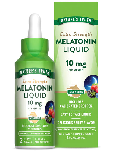 A hand holding Extra Strength Melatonin Liquid, 10 mg per serving, in a 2 fl. oz. (59 mL) bottle.