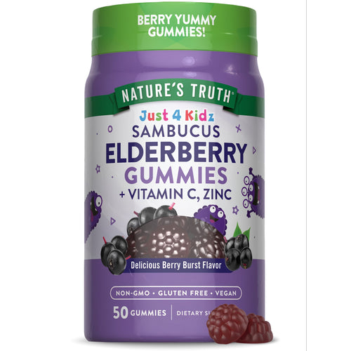 Two reddish-purple, berry-shaped Elderberry Gummies with a textured surface, positioned next to the product jar.