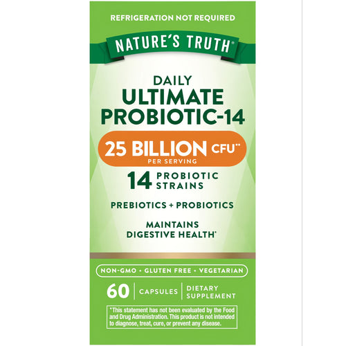 Nature's Truth Daily Ultimate Probiotic-14 bottle with 60 capsules, 25 Billion CFU per serving.