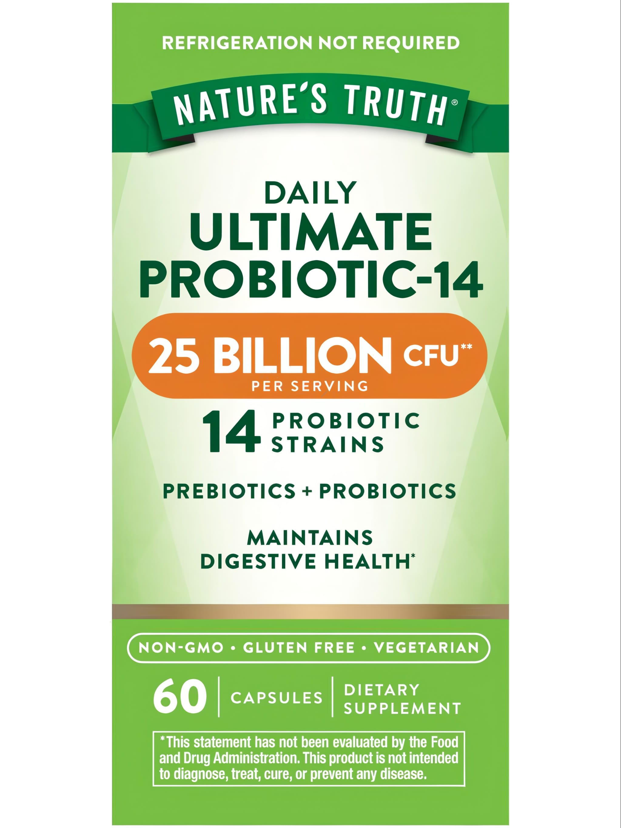 Nature's Truth Daily Ultimate Probiotic-14 bottle with 60 capsules, 25 Billion CFU per serving.