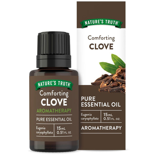 Bottle of Clove Pure Essential Oil, 15 mL (0.51 FL. OZ.), displayed against a bulk background with hand size reference.