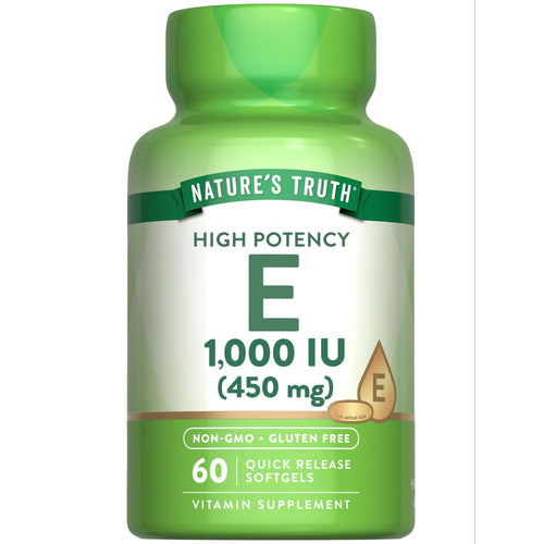 Nature's Truth High Potency E 1,000 IU (450 mg) 60 Quick Release Softgels Vitamin Supplement on a hand scale.