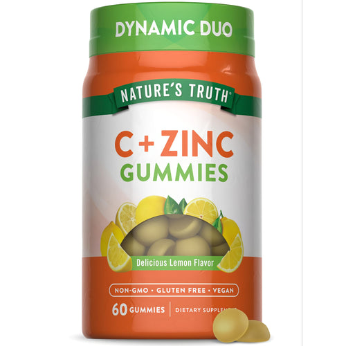 NT C + Zinc 60 Gummies in delicious lemon flavor on a scale, showcasing the bulk size.