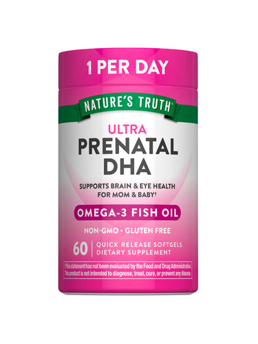 Prenatal DHA 60 Quick Release Softgels provide Omega-3, are non-GMO, gluten-free, and require one per day.