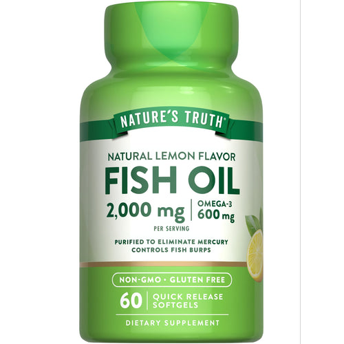 Bottle of 60 quick release softgels, each serving contains 2,000 mg of fish oil and 600 mg of omega-3.