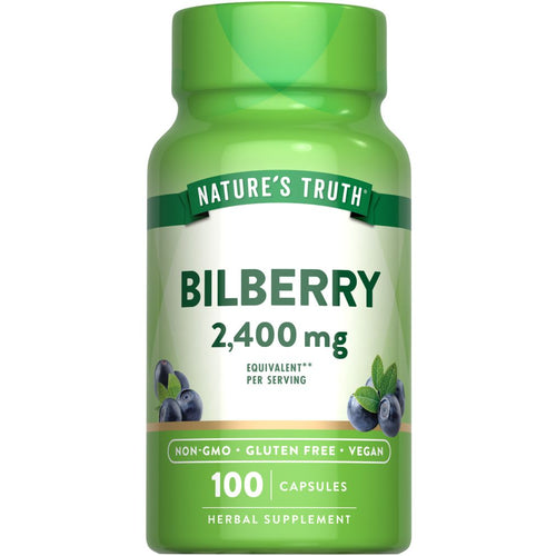 Hand holding bilberry capsules, 2,400 mg equivalent per serving, 100 capsules.
