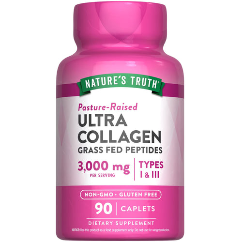 Ultra Collagen Grass Fed Peptides Caplets, 90 count, provide 3,000 mg per serving.