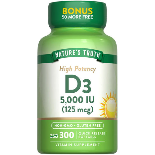 Nature's Truth D3 5,000 IU (125 mcg) with 300 quick release softgels in a bulk hand-scale package.