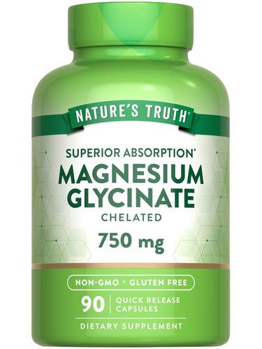 Quick Release Magnesium Glycinate Chelated 750 mg Capsules, 90 count, shown on a hand scale.