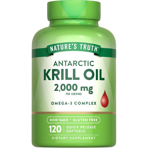 Nature's Truth Antarctic Krill Oil 2,000 mg Quick Release Softgels, 120 count bottle, shown for scale in hand.
