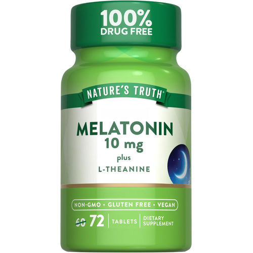 A bottle of melatonin 10 mg plus L-Theanine with 72 tablets, shown on a hand for scale, highlighting supplement information.