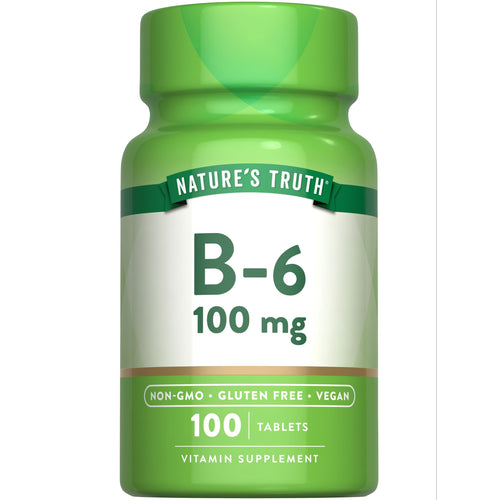 Bottle labeled B-6 100 mg containing 100 tablets shown held in hand, indicating size and bulk packaging for convenient dosing.