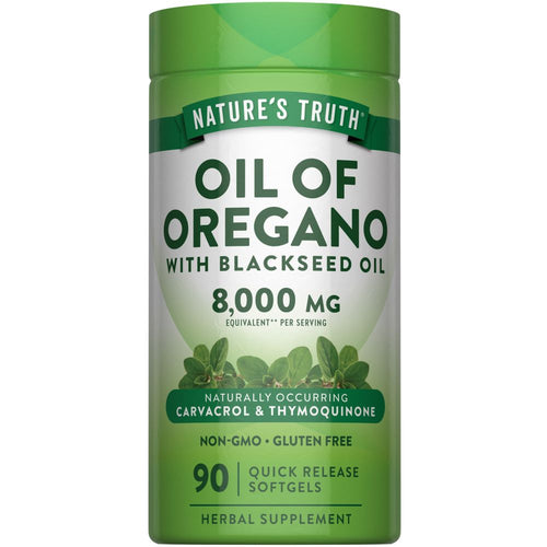 Bottle with 90 quick release softgels of Oil of Oregano and Blackseed Oil, 8,000 MG equivalent per serving.