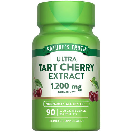 Bottle containing 90 quick release capsules of tart cherry extract with an equivalent of 1,200 mg per serving.