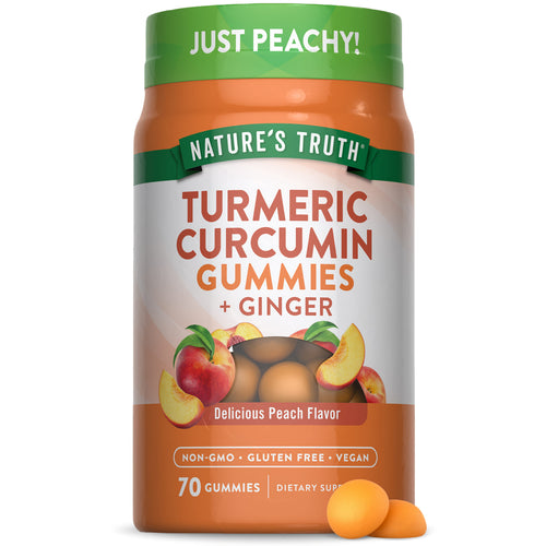 Turmeric Curcumin Gummies plus Ginger, in a delicious peach flavor. Non-GMO, gluten free, vegan, 70 count.